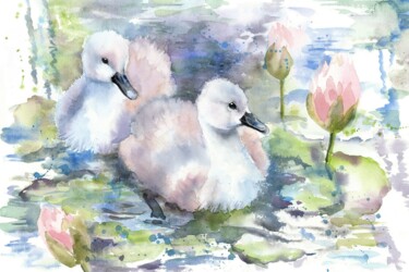 Painting titled "Little swans and wa…" by Alyona Masterkova, Original Artwork, Watercolor