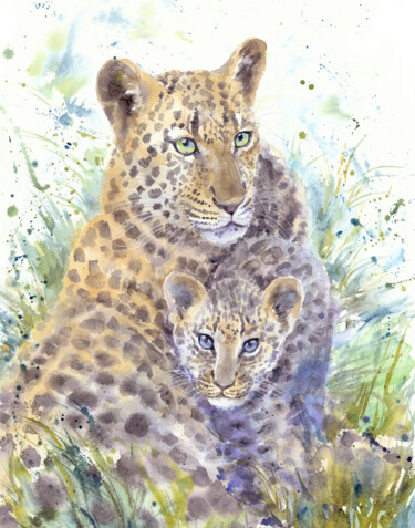 Malerei mit dem Titel "Leopard family" von Alyona Masterkova, Original-Kunstwerk, Aquarell