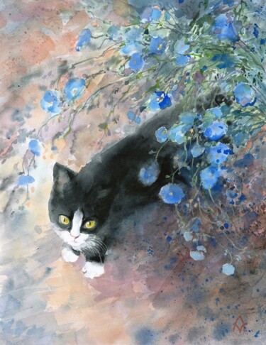 Painting titled "Black kitten" by Alyona Masterkova, Original Artwork, Watercolor