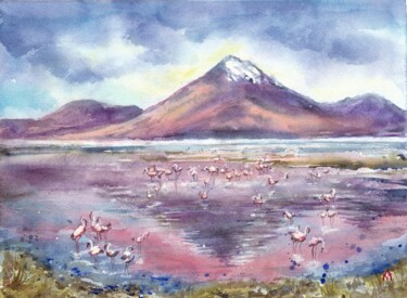 Картина под названием "Flamingo lake" - Alyona Masterkova, Подлинное произведение искусства, Акварель