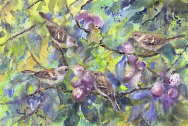 Картина под названием "Sparrows on a fig t…" - Alyona Masterkova, Подлинное произведение искусства, Акварель