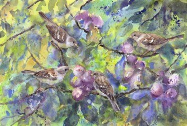 「Sparrows on a fig t…」というタイトルの絵画 Alyona Masterkovaによって, オリジナルのアートワーク, 水彩画