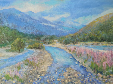 Painting titled "River in the mounta…" by Alyona Masterkova, Original Artwork, Oil