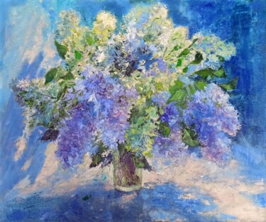 Картина под названием "Lilac on blue" - Alyona Masterkova, Подлинное произведение искусства, Масло Установлен на Деревянная…