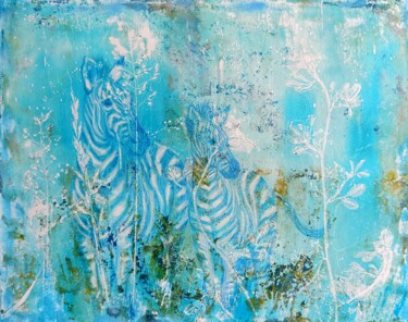 Peinture intitulée "Two Zebras on Sky B…" par Alyona Masterkova, Œuvre d'art originale, Acrylique