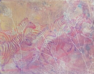 「Pink Running Zebras」というタイトルの絵画 Alyona Masterkovaによって, オリジナルのアートワーク, アクリル