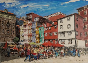 Peinture intitulée "Porto - Praça da Ri…" par A.Magalhães, Œuvre d'art originale