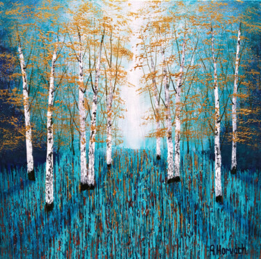 Malarstwo zatytułowany „Golden Blue Birch W…” autorstwa Amanda Horvath, Oryginalna praca, Akryl Zamontowany na Drewniana ram…