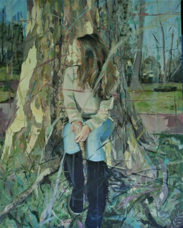 绘画 标题为“En el árbol” 由Amaya F Fariza, 原创艺术品, 油 安装在木质担架架上