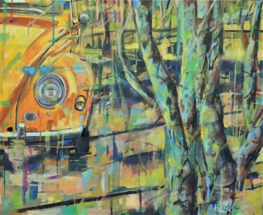 제목이 "Coche en Amarillos"인 미술작품 Amaya F Fariza로, 원작, 기름 나무 들것 프레임에 장착됨
