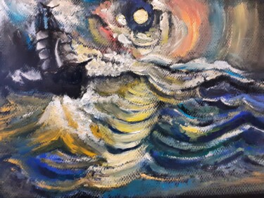 Картина под названием "The Sea at Night" - Amazeigh Bouzékri, Подлинное произведение искусства, Масло