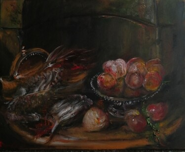 Картина под названием "Nature Morte au Coq…" - Amazeigh Bouzékri, Подлинное произведение искусства, Масло