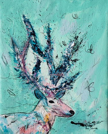 Schilderij getiteld "Blue cerf - tableau…" door Âme Sauvage, Origineel Kunstwerk, Acryl Gemonteerd op Frame voor houten bran…