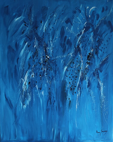 Painting titled "L'oiseau bleu - gra…" by Âme Sauvage, Original Artwork, Acrylic Mounted on Wood Stretcher frame