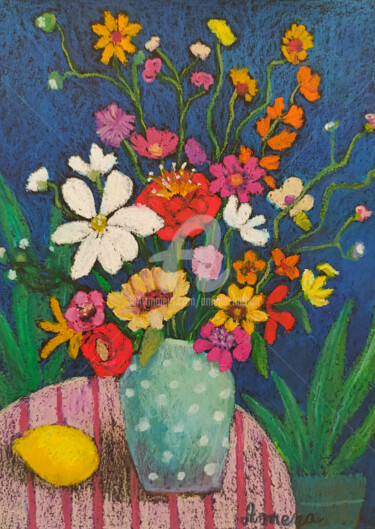 Peinture intitulée "fleurs et citron" par Amena Nathan, Œuvre d'art originale, Pastel