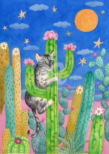 Painting titled "Chat et cactus" by Amena Nathan, Original Artwork, Watercolor