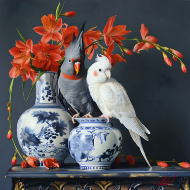 Painting titled "love parrots" by Amirata Winter, Original Artwork, Oil Mounted on Wood Stretcher frame