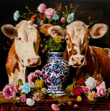 Painting titled "Daisy & Buttercup" by Amirata Winter, Original Artwork, Oil Mounted on Wood Stretcher frame