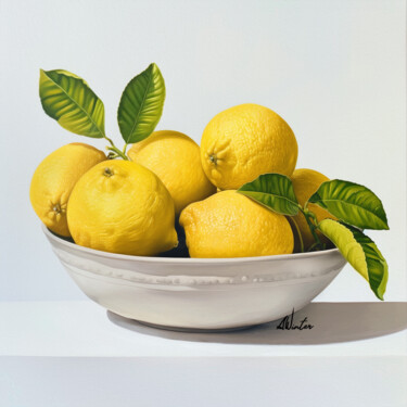 Painting titled "Lemons still life" by Amirata Winter, Original Artwork, Acrylic Mounted on Wood Stretcher frame