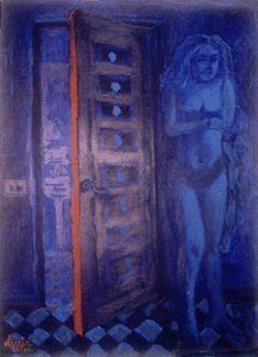 Painting titled "Behind the Door" by Amir Wahib, Original Artwork, Oil