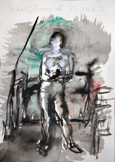 Painting titled ""Standing woman in…" by Amit Ari, Original Artwork, Gouache