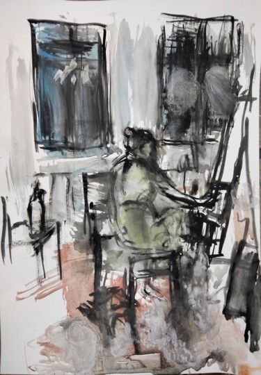Painting titled ""In the studio"" by Amit Ari, Original Artwork, Gouache
