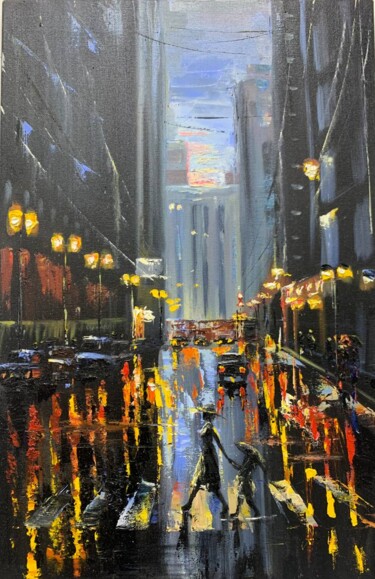 Painting titled "Night City2" by Amix Alena, Original Artwork, Oil Mounted on Wood Stretcher frame