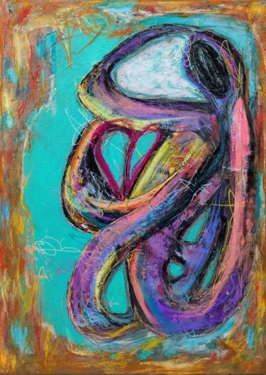 Painting titled "virtual hug" by Ana Maria Guta, Original Artwork, Acrylic Mounted on Wood Stretcher frame