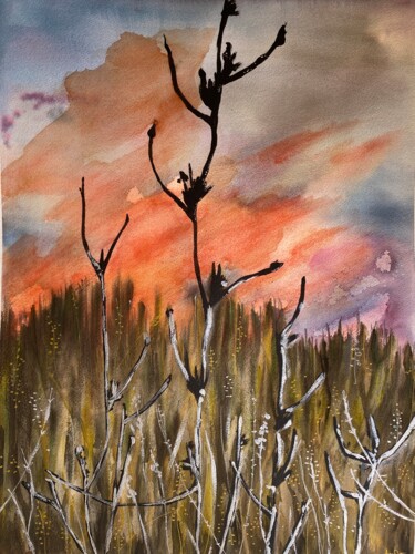 Painting titled "Red sunset" by Ana Ozz, Original Artwork, Watercolor