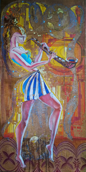Pintura intitulada "Saxophonist (40x80c…" por Anahit Mirijanyan, Obras de arte originais, Óleo Montado em Armação em madeira