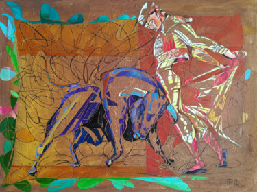 Painting titled "Bullfight (60x80cm…" by Anahit Mirijanyan, Original Artwork, Oil Mounted on Wood Stretcher frame