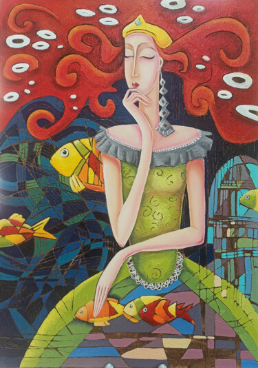 Painting titled "Dreaming with Fishes" by Anahit Mirijanyan, Original Artwork, Oil Mounted on Wood Stretcher frame
