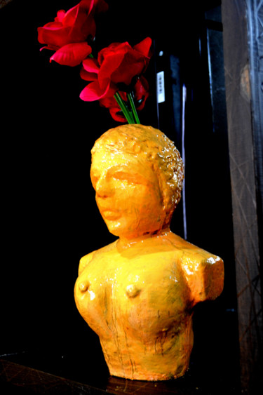 Sculpture titled "GIRL WITH FLOWERS" by Anandswaroop Manchiraju, Original Artwork, Resin