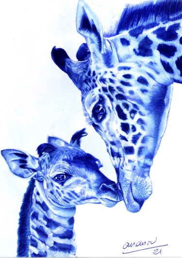 Drawing titled "La famille girafe" by Ananou, Original Artwork, Ballpoint pen
