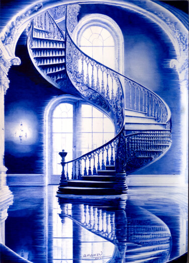 Dessin intitulée "Escalier Evasion" par Ananou, Œuvre d'art originale, Stylo à bille