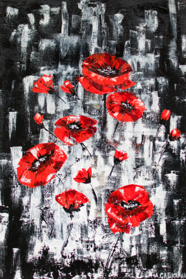 Pittura intitolato "Poppies on black" da Anastacia Gaikova, Opera d'arte originale, Olio