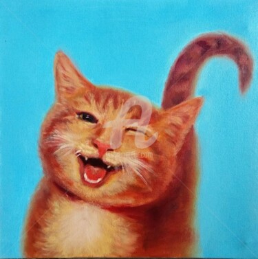 Painting titled "FUNNY CAT PAINTING" by Anastasia Akunina, Original Artwork, Oil
