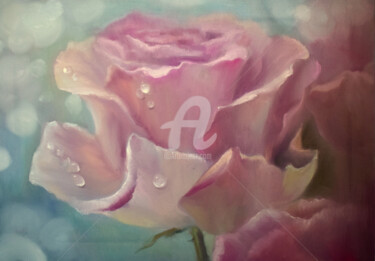 Картина под названием "Single pink rose, o…" - Anastasia Akunina, Подлинное произведение искусства, Масло