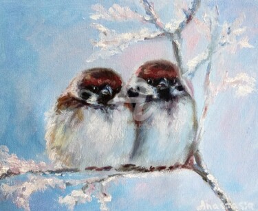 Painting titled "Couple Chickadee Wi…" by Anastasia Akunina, Original Artwork, Oil