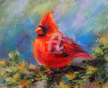 Schilderij getiteld "Red Cardinal" door Anastasia Akunina, Origineel Kunstwerk, Olie