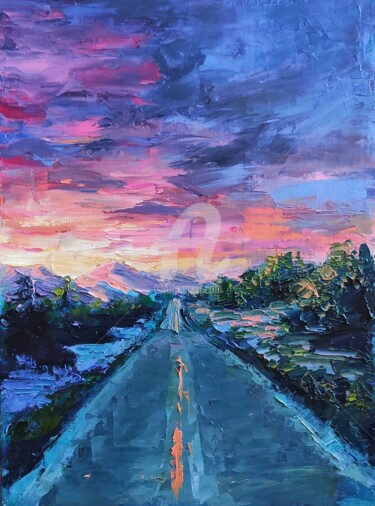 Pittura intitolato "Sunset Landscape Th…" da Anastasia Akunina, Opera d'arte originale, Olio Montato su Altro pannello rigido
