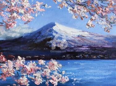 Schilderij getiteld "Fuji and Sakura Tex…" door Anastasia Akunina, Origineel Kunstwerk, Olie Gemonteerd op Karton