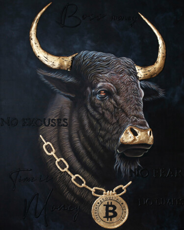 「bull with Bitcoin」というタイトルの絵画 Anastasia Butによって, オリジナルのアートワーク, アクリル