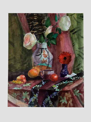 Painting titled "Натюрморт с розами" by Anastasia Kirilenko, Original Artwork, Watercolor