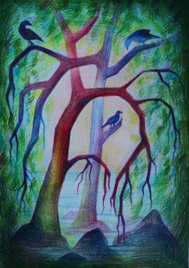 Drawing titled "Birds, trees and Dn…" by Anastasia Parsina, Original Artwork, Conté