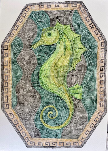 Painting titled "Mosaic seahorse" by Anastasia Tokdemir, Original Artwork, Watercolor