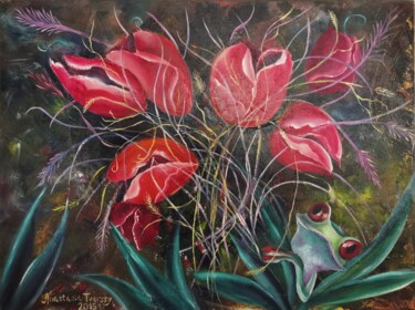 Painting titled "Frog in the Tulips.…" by Anastasia Tversky, Original Artwork, Oil Mounted on Wood Stretcher frame