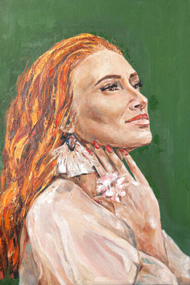 Painting titled "Redhead girl" by Anastasiia Iurzinova, Original Artwork, Oil Mounted on Wood Stretcher frame