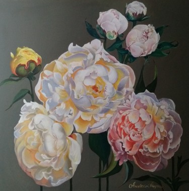 Peinture intitulée "7 pivoines pour bon…" par Anastasia Maymou, Œuvre d'art originale, Acrylique