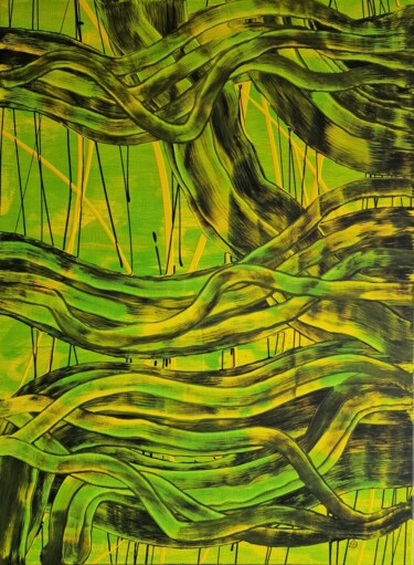 Painting titled "Green Vibes" by Anastasiia Doro, Original Artwork, Acrylic Mounted on Wood Stretcher frame